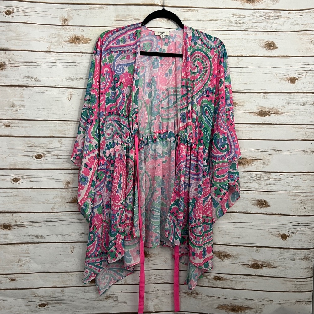 Umgee Pink Paisley Tie Front Kimono Coverup Topper Blouse